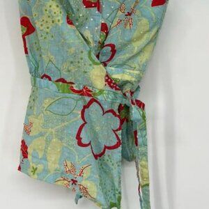 Floral Wrap Spaghetti Strap Tank Top Women's Blue Spring Cotton